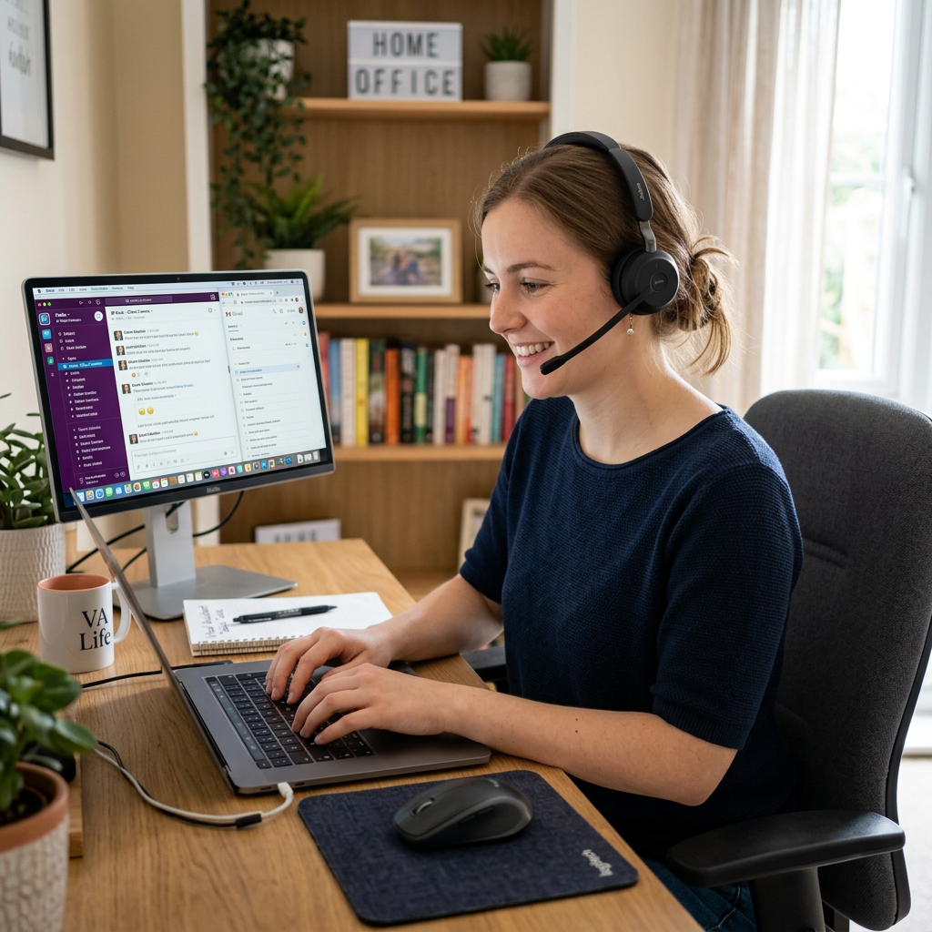 Woman wearing headset working at desk with laptop and monitor in home office