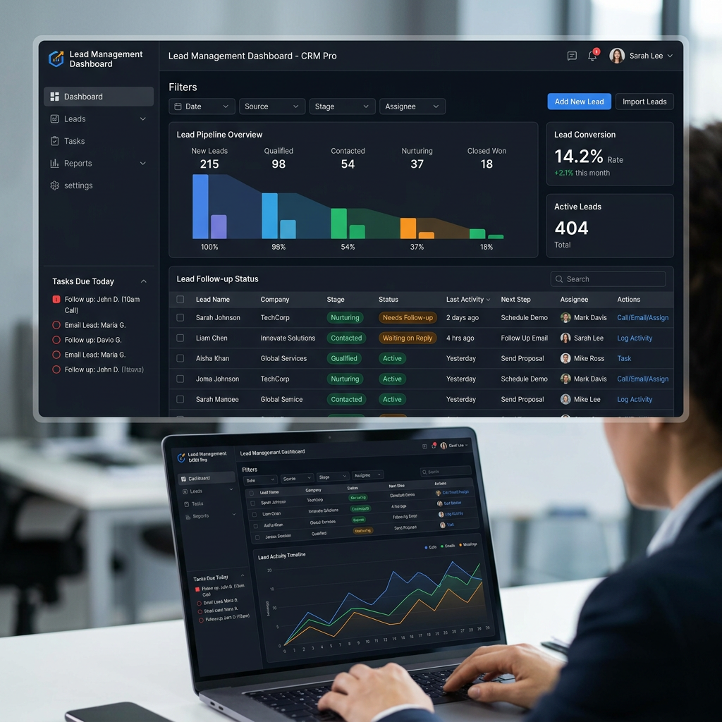 CRM dashboard displaying lead pipeline metrics, lead follow-up status, and task reminders on a laptop screen
