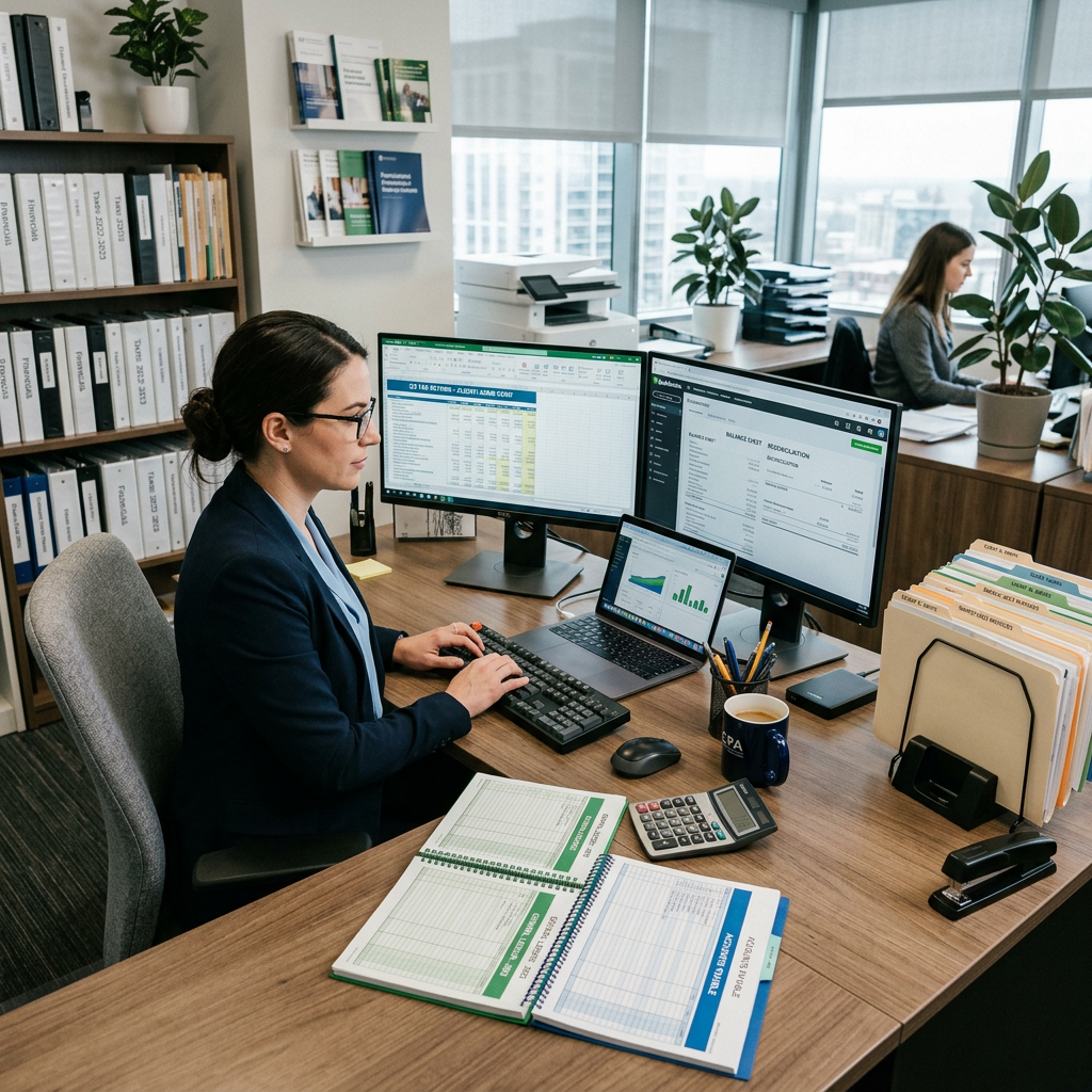 Accountant working at a desk with three screens showing financial data, spreadsheets, and graphs